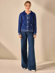 EURMUSE Women Polo Neck Gold Button Detailed Cozy Knit Cardigan Speckled Knit Button Up Cardigan With Flap Pockets And Collar For Casual Chic Fall Looks - Navy Blue - View 3