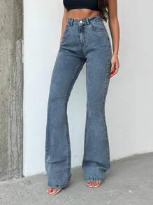 SHEIN Tall HIGH RISE FLARED LONG BLACK JEAN TALL - Dusty Blue - View 6