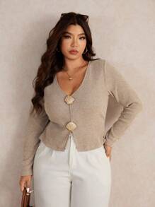 Elaquor 大码女式休闲基本款百搭都市时尚金属扣装饰弹性罗纹 V 领纯色长袖 T 恤，秋季 - 卡其色 - 查看 1