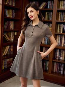 Vintamour 复古优雅女式口袋连衣裙 千鸟格针织提花 Polo 领纽扣迷你连衣裙 休闲度假 返校 女士教师服装 秋季女装 校服 返校服装 女士度假服装 秋季服装 女士办公室服装 乡村音乐会服装 女士工作服 女士工作服装 女士节日服装 女士休闲连衣裙 女士音乐会服装 女士机场服装 - 棕色 - 查看 1