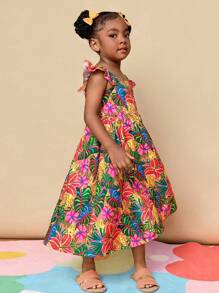 CutesyCutie Young Girl Woven Ditsy Floral Square Collar Ruffle Hem Casual Dress Hawaiian Dress For Girls Kids Vacation Dress Tropical Dress For Girls Girls Summer Dress Kids Luau Dress - Multicolor - View 4