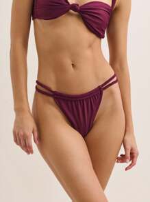 Nöista Purple Bikini Set,Summer Beach Vacation Holiday Casual Dark Plum Twisted Knot Bandeau Top Adjustable Straps Matching Low-Rise Bottoms Quick-Dry Fabric - Purple - View 4