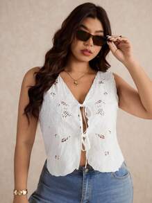 Elaquor Plus Size Women Embroidered V-Neck Cardigan Cami Tank Top, Casual Versatile Vacation Wear,Going Out Tops - White - View 1