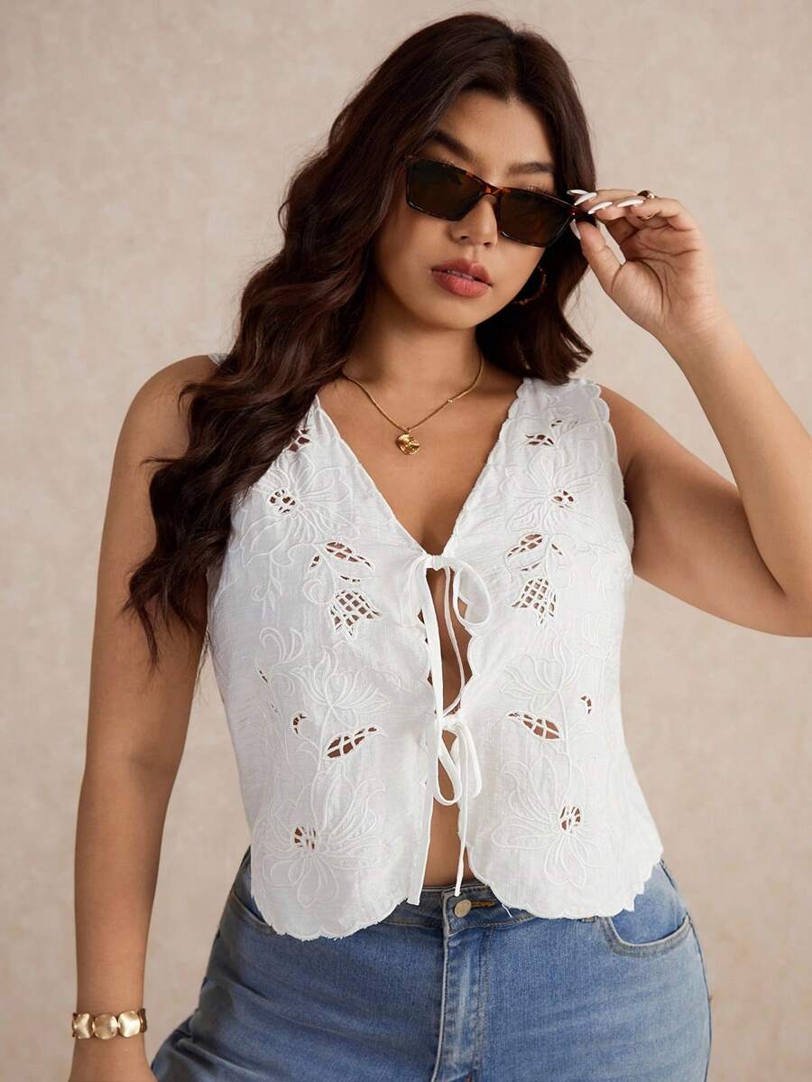 Elaquor Plus Size Women Embroidered V-Neck Cardigan Cami Tank Top, Casual Versatile Vacation Wear,Going Out Tops - White - View 1