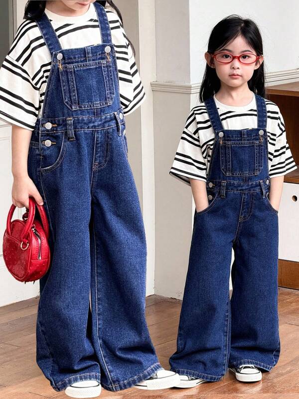 SHEIN Little Byeori Young Girl Y2K Dark  Blue Denim Wide-Leg Trousers Jumpsuit,Loose, Comfortable And Casual Vacation Outfits,2000s Style   ,Kawaii ,Back To School Clothes ,Streetwear,Old Money Jeans,Fall Kid's  Casual And Comfortable  Wear