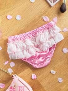 Young Girl Pink Multi-Layer Cake Edge, Ruffle Trim, Pleated Floral Edge, Bow Decor, Layered, Kawaii Cute Girl Underwear - Pink - View 2