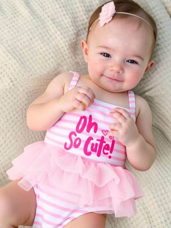 Newborn Baby Girl Knitted Striped Letter Print 2-Layer Ruffle One-Piece Swimsuit, Pink, Suitable For Swimming, Vacation, Summer Baby Girl Swimsuit Toddler Girl Swimsuit Girls Pink Swimsuit One Piece Swimsuit With Tulle Girls Ruffle Swimsuit