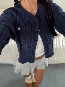 Teen Girls Royal Blue Casual Solid Color Round Neck Long Sleeve Loose Cropped Cardigan Sweater, Warm Comfort, Cozy Chic, Daily Commute,Suitable For Autumn And Winter Blue Sweater Navy Blue Sweater Cable Knit Cardigan Star Cardigan Navy Blue Cardigan Blue Cardigan Sweater Women Navy Cardigan Navy Blue Button Cardigan Sweaters For Teen Girl Sweater Cardigan Fall