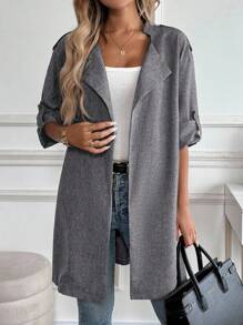 EMERY ROSE 女士纯色简约休闲长袖常规夹克灰色夹克女士长款夹克灰色开衫长款灰色夹克女士秋冬灰色夹克 - 深灰色 - 查看 4