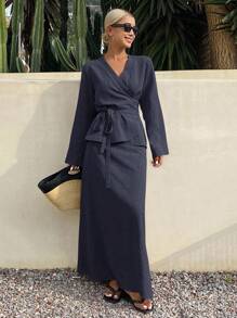 Livesso 女士两件套：系腰短款上衣和鱼尾裙，夏季 - 藏蓝色 - 查看 5