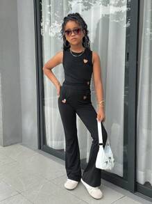 Tween Girl Black Summer It Girl Knitted Heart Cutout Sleeveless Cropped Top And Flared Pants Set,Casual Back To School Sweet Cool Bell Bottom Pants - Black - View 3