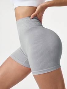 SHEIN Sports 女式高腰条纹休闲无缝运动短裤健身短裤 - 淺灰色 - 查看 6