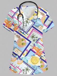 PopScrub 女士彩色V领短袖双口袋休闲沙滩风印花护士/医生制服上衣、纯色宠物美容制服上衣、营养师工作制服上衣、功能性多口袋实验室工作制服上衣、功能性女士假日装、女士夏季上衣