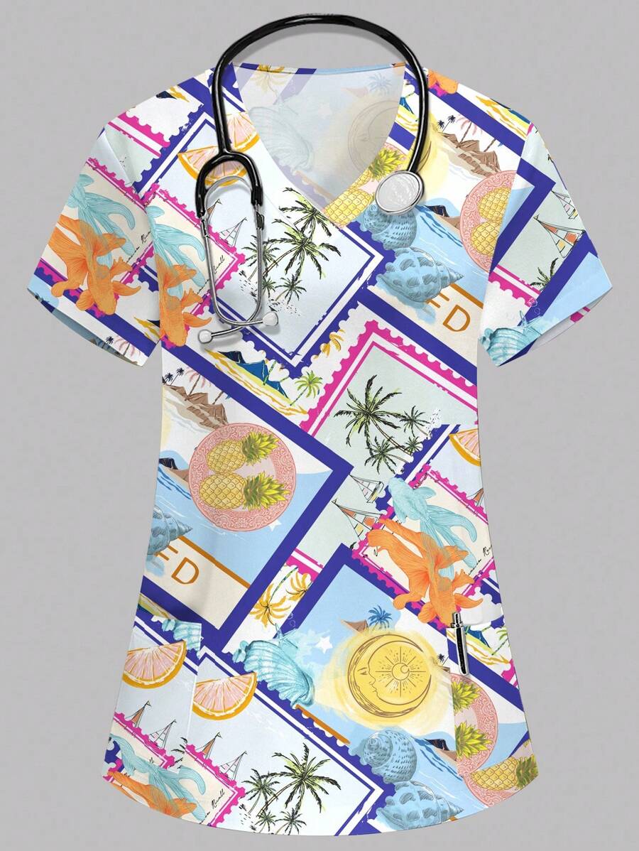 PopScrub 女士彩色V领短袖双口袋休闲沙滩风印花护士/医生制服上衣、纯色宠物美容制服上衣、营养师工作制服上衣、功能性多口袋实验室工作制服上衣、功能性女士假日装、女士夏季上衣