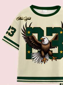SHEIN Conjunto informal de dos piezas de niña preadolescente con camiseta de manga corta holgada estampada con el número de equipo 23 del águila, texto de Nueva York y patrón de estrella de cinco puntas, acompañada de mallas, adecuado para el verano - Multicolor - Ver 4