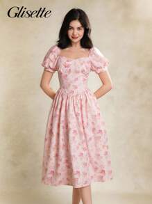 少女夏季假日风格花卉印花甜心领泡泡袖高腰连衣裙