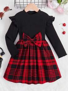 SHEIN Serisse Kids Tween Girls' Casual Mixed Plaid Print Bow Ruffle Trim Long Sleeve Dress, For Christmas