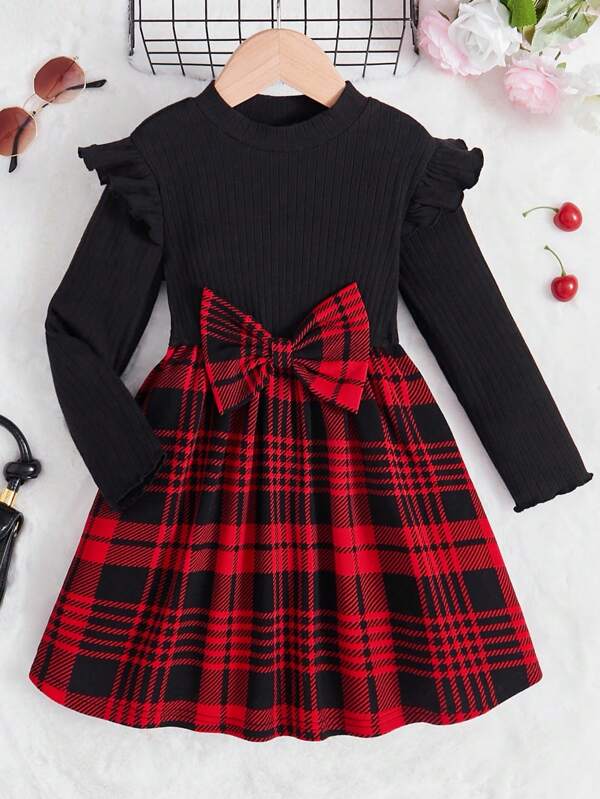 Teen Girl Knitted Black Ribbed Plaid Patchwork Round Neck Long Sleeve Casual Dress Girl Clothes Autumn And Winter Girls Long Sleeve Dress Girls Winter Dress Plaid Girl Plaid Dress
