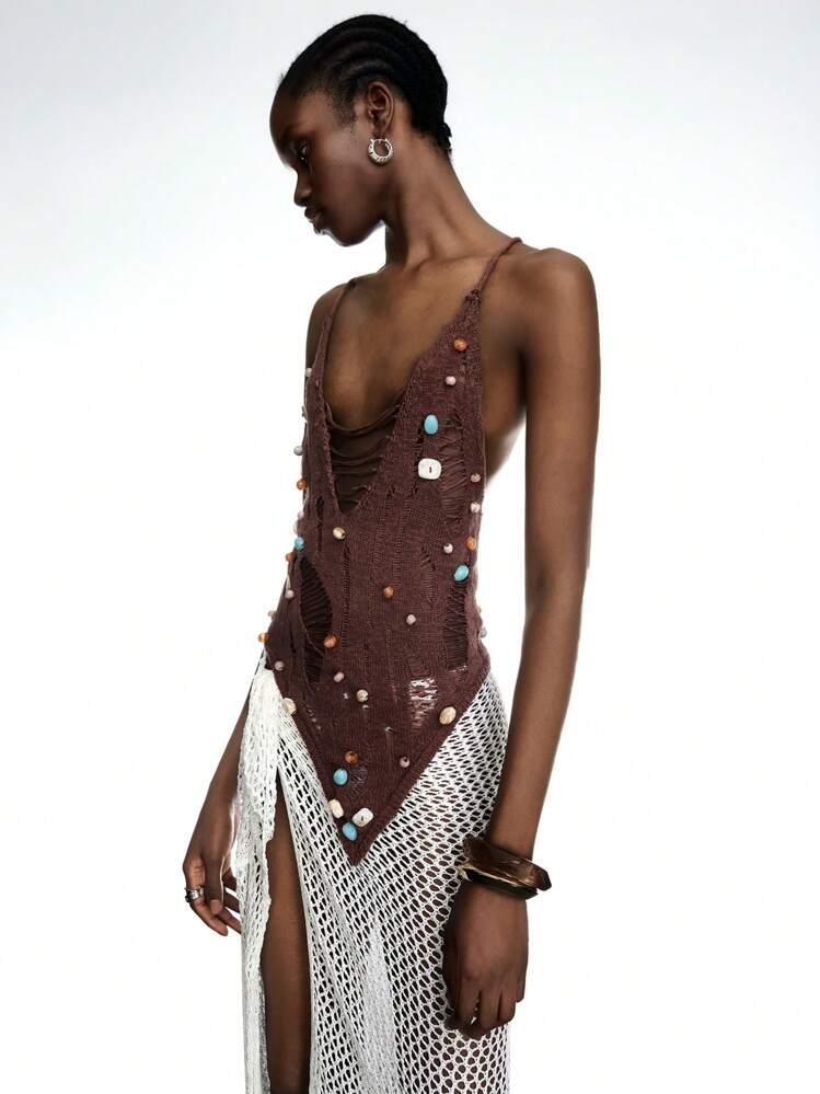 LYSMO 女士纯色串珠装饰撕破性感吊带背心 - 棕色 - 查看 5