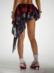 StreetHx Women Asymmetric Hem Contrasting Plaid Ruffle Trim Skirt - Multicolor - View 2