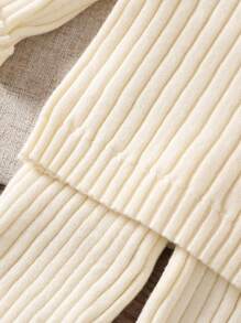 男婴纯色罗纹针织圆领长袖毛衣和裤子套装 - 米色 - 查看 6