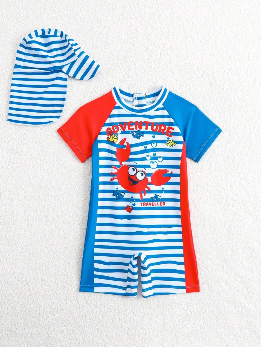 SHEIN Baby Boys' Summer Cartoon Lion Print Short Sleeve One-Piece Swimsuit With Sun Hat, Vacation Style