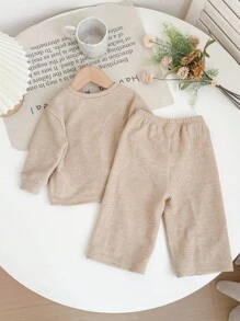 SHEIN Set casual in maglia per bebè con top a maniche lunghe beige carino e pantaloni a vita elastica, per autunno/inverno