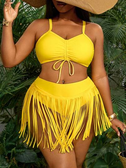 Slaydiva Traje de baño de 2 piezas para mujer de talla grande: top tubo con tirantes, amarres en el pecho y pantalones con flecos para vacaciones en la playa