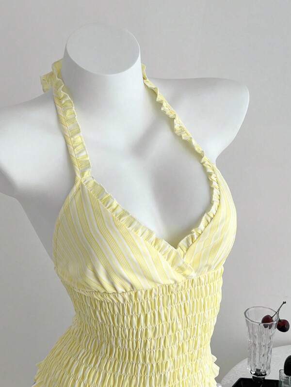 Elamini Women's Simple Vacation Cream Yellow Halter Neck Ruffle Backless Camisole Top, Summer