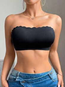 流行无缝波浪印花抹胸运动文胸，防滑瑜伽短款上衣，裸感普拉提健身服 - 黑色 - 查看 4