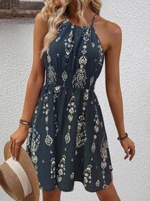 SHEIN PETITE Women's Floral Print Waist Tie A-Line Casual Vacation Sleeveless Dress - Multicolor - View 3