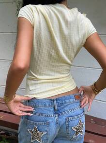 SHEIN EZwear Áo thun bó màu vàng họa tiết thường ngày cho nữ mùa hè - Màu vàng - Xem 2
