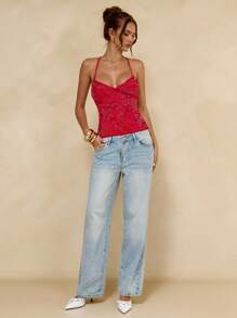 SHEIN BAE 纯粉色提花纹理女士夏季吊带背心，度假露脐上衣，提花上衣，性感上衣 - 紅色 - 查看 5