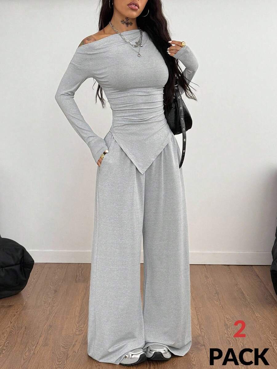 Coolane 女士秋季外出休闲运动基本款简约弹力露肩紧身胸衣 T 恤和慢跑裤，2 件 - 灰色 - 查看 1