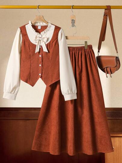 少女撞色蝴蝶结装饰纽扣长袖上衣和纯色迷你裙优雅两件套