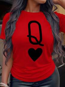 SHEIN CURVE+ 大码女式短袖圆领 T 恤，简约时尚，适合夏季 - 紅色 - 查看 3