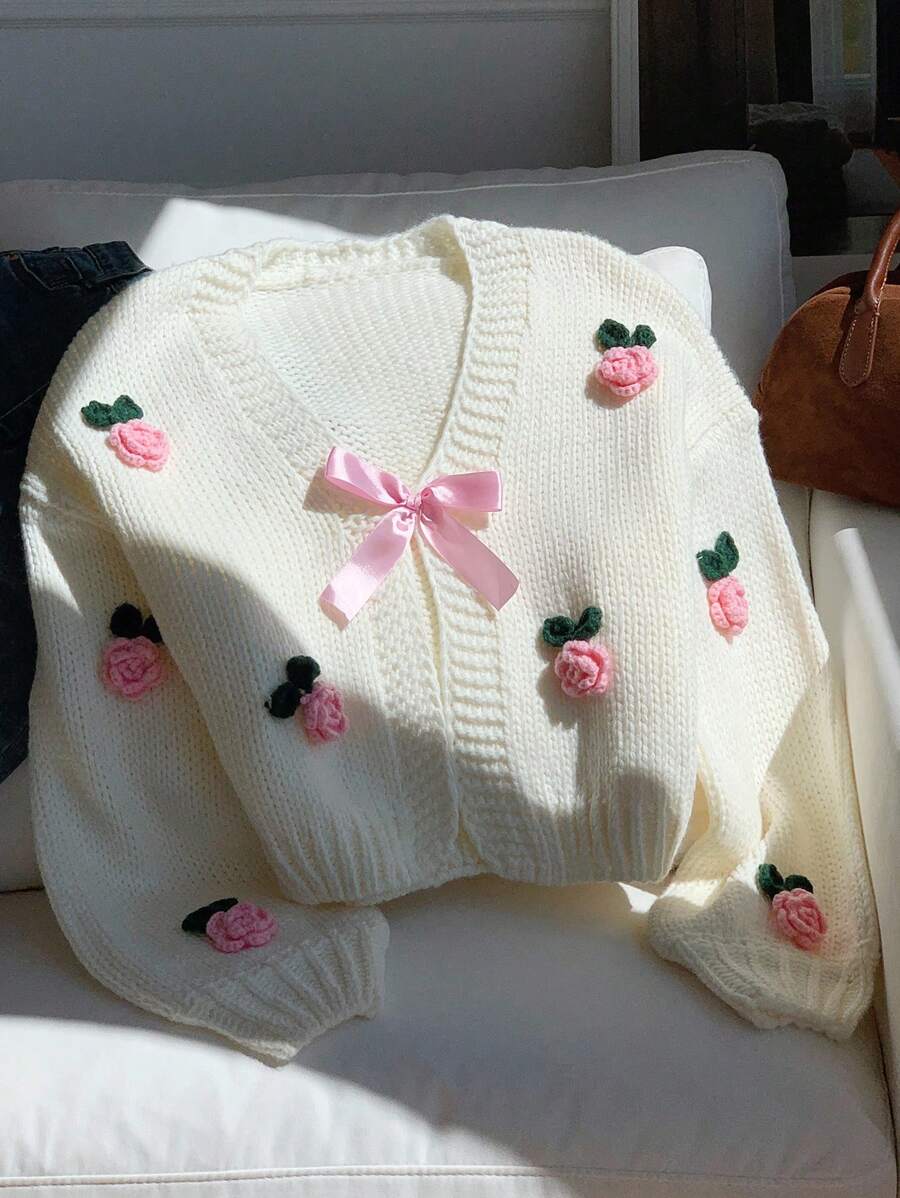 Comfortcana Plus Size Women Casual 3D Floral Lightweight Cardigans, Autumn/Winter - White - View 1