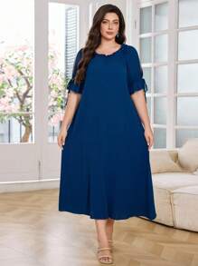 SHEIN Lacomfia Plus Size Solid Color Simple Casual Elegant Tie Cuff Mini Dress