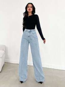 EURMUSE HIGH WAIST WIDE LEG LONG HEM BLUE JEAN - 716 GR - Baby Blue - View 5