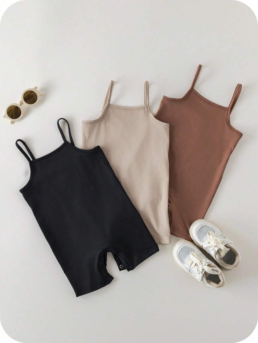 SHEIN Conjunto de 3 piezas de ropa de verano para bebé niña, incluye un lindo y sencillo mameluco de unicolor con tirantes elásticos - Multicolor - Ver 1
