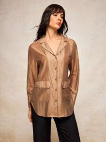 MIRENZI Camisa transparente grande cáqui sólida feminina verão outono casual camisa top - Caqui - Ver 4