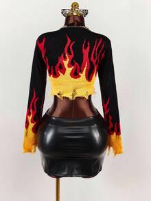 Amplova Fall Clothes Women Fire Pattern Distressed Crop Sweater,Long Sleeve Tops - Black - View 2