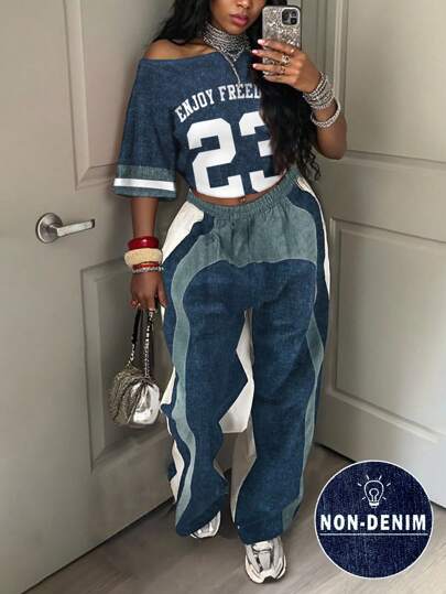 Rovax 女士数字印花牛仔效果斜肩拼色T恤和裤子套装