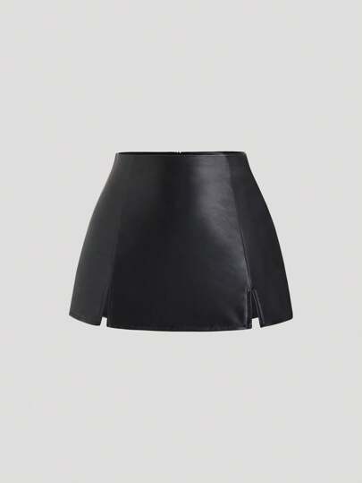 Sweetra Falda corta mini elegante con abertura de cintura baja de piel sintética (PU) para mujer, de primavera/verano