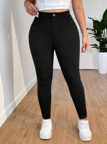 SHEIN EZwear Plus Size Solid Color High Waist Pants, Suitable For Everyday Wear, Spring/Summer - Black - View 4