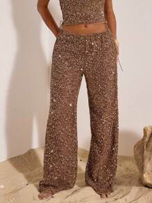 Opulessa Quần ống rộng cạp thấp sequin thời trang dành cho nữ - màu nâu - Xem 7