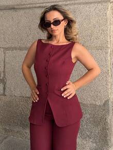 Jeta Ari 女士纯色圆领单排扣背心和裤子优雅通勤套装，夏季秋季女装女套装办公室装商务休闲女两件套服装秋季女装办公室装女套装女式西装套装 - 酒紅色 - 查看 3