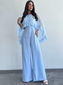 Firerie Mono de mujer con capa romántica y elegante de cuello en V en azul, con volantes en el bajo, ropa casual y de vacaciones, adecuado para el verano y la temporada de graduación - Azul - Ver 4