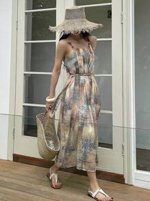 DAZY Women's V-Neck Floral Print Mid-Calf Belted Summer Vacation Dress Maxi Dress Cruise Outfit For Women Boho - Apricot - View 10