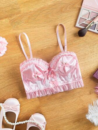 FairyFlirt Teen Girl Pink Underwired Satin Ruched Floral Lace Bow Decor Snug Fit Sweet Kawaii Doll Party Wearable Cropped Top For Teens